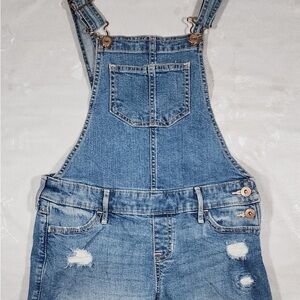 Abercrombie Kids Girls Shortalls Sz 11/12 Denim Cuffed Distressed Overalls Blue